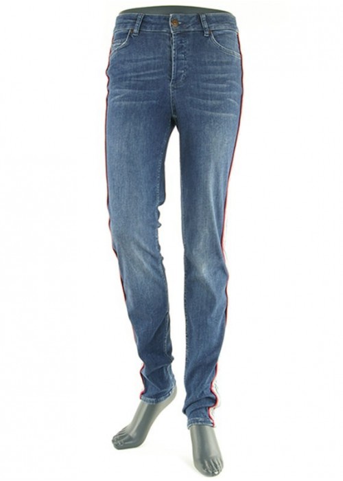 Oui Dark Blue Denim Jeans mit rot-blauem Galon Oui Dark Blue Denim Jeans mit rot-blauem Galon